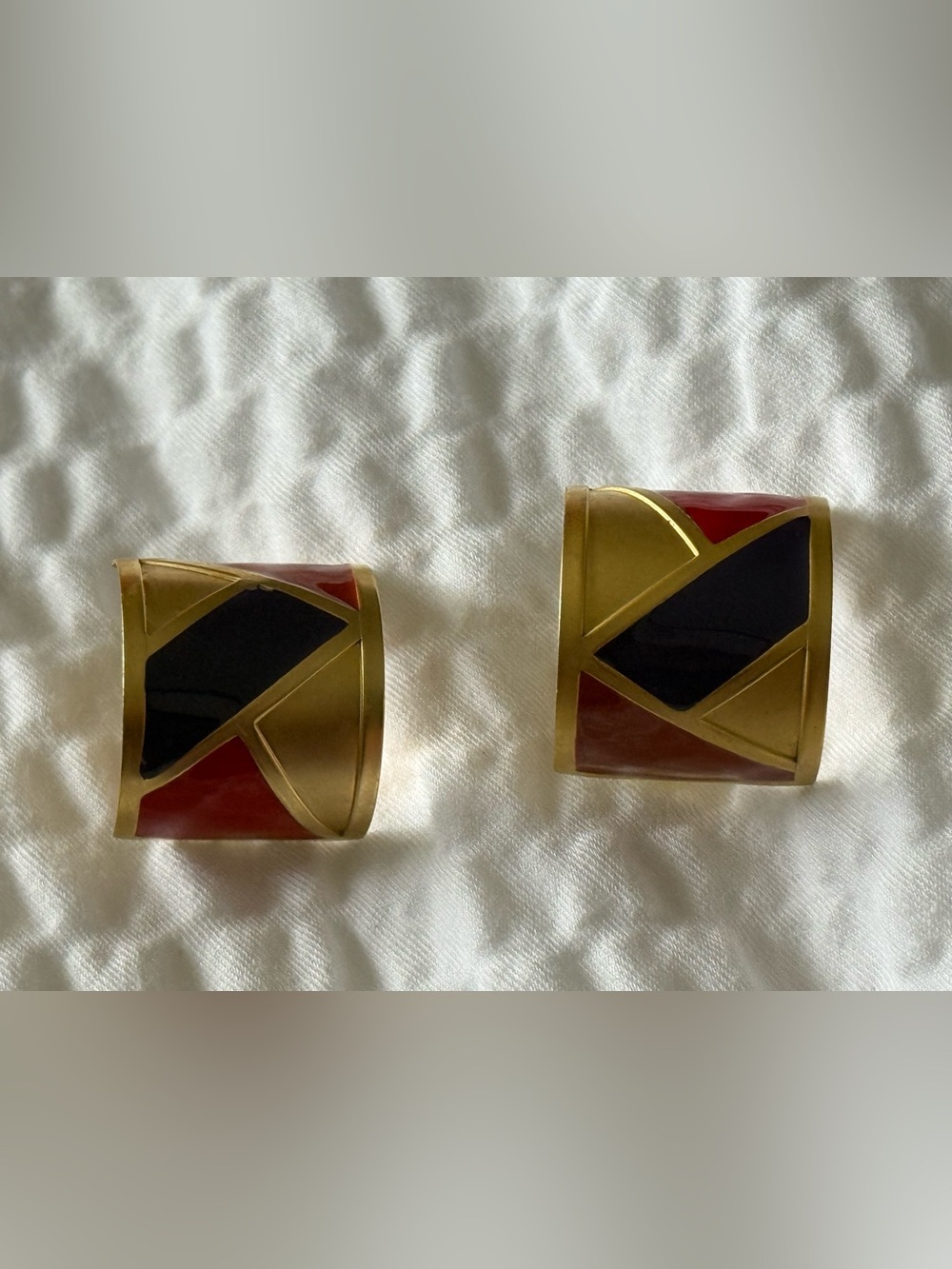 Vintage Brass Multicolor Hoop Enameled Earrings Modernist